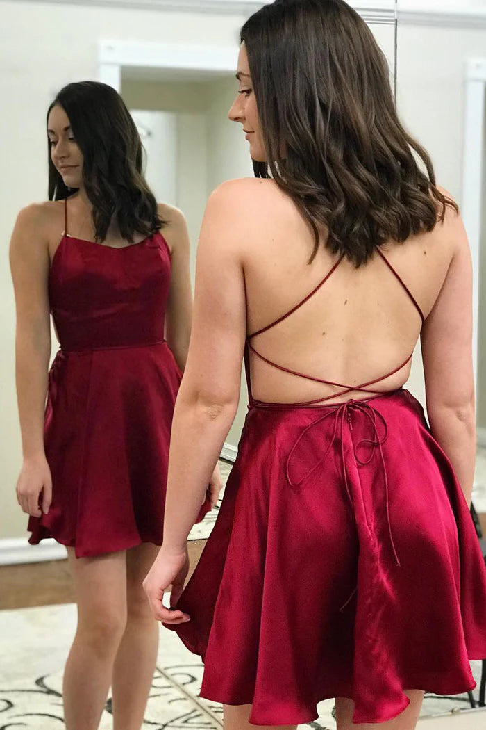 Weitese Dress A-Line Spaghetti Strap Satin Homecoming Dress Sleeveless Lace-Up Party Dress